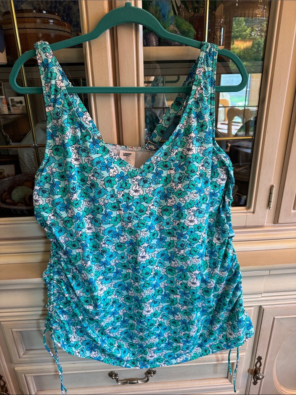 Lands' End Teal and White Floral Tank with Built-In Bra